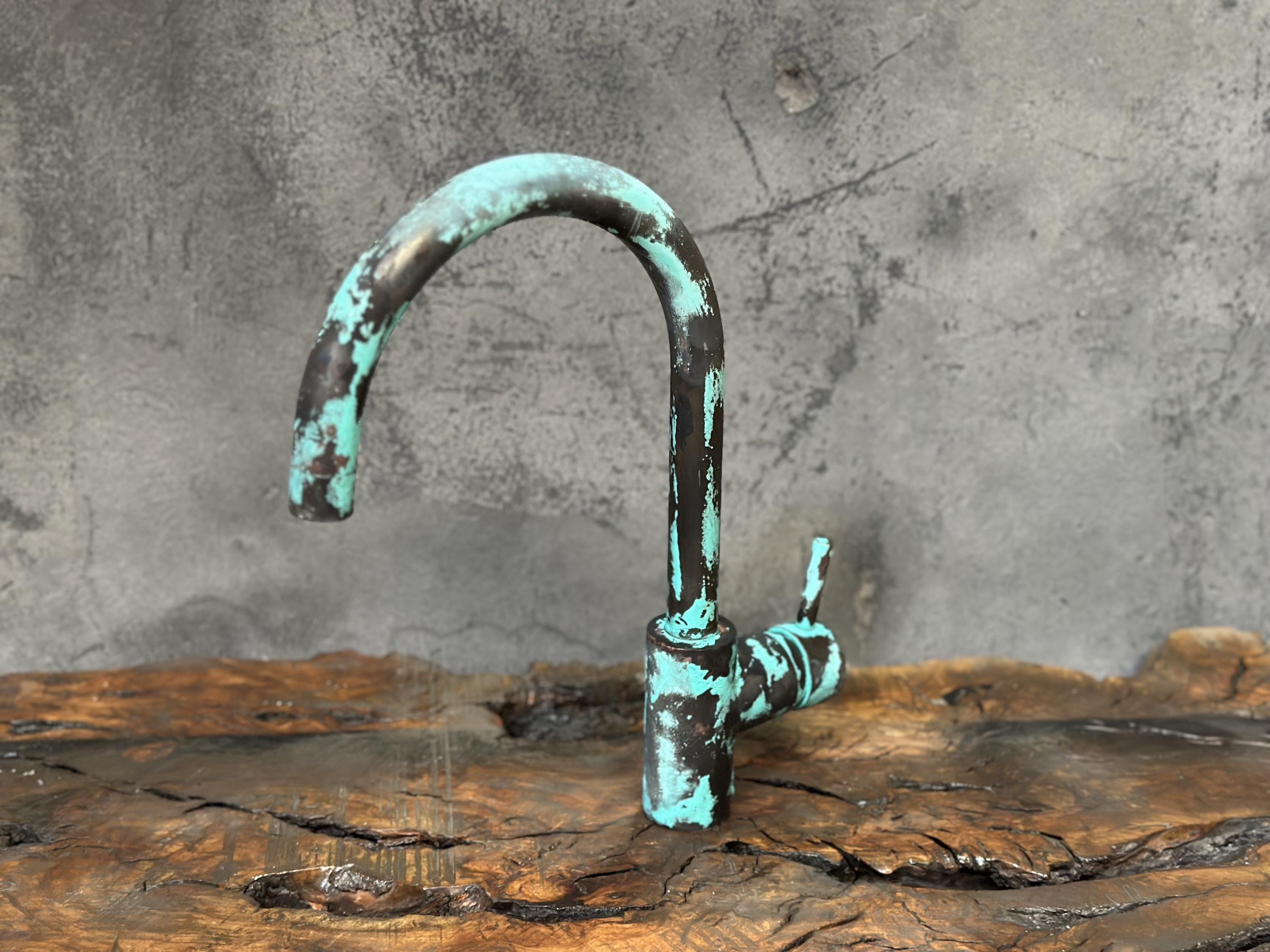 Oxidized Copper Mixer Bar Faucet, SIngle Handle Green Patina Faucet Bar Sink