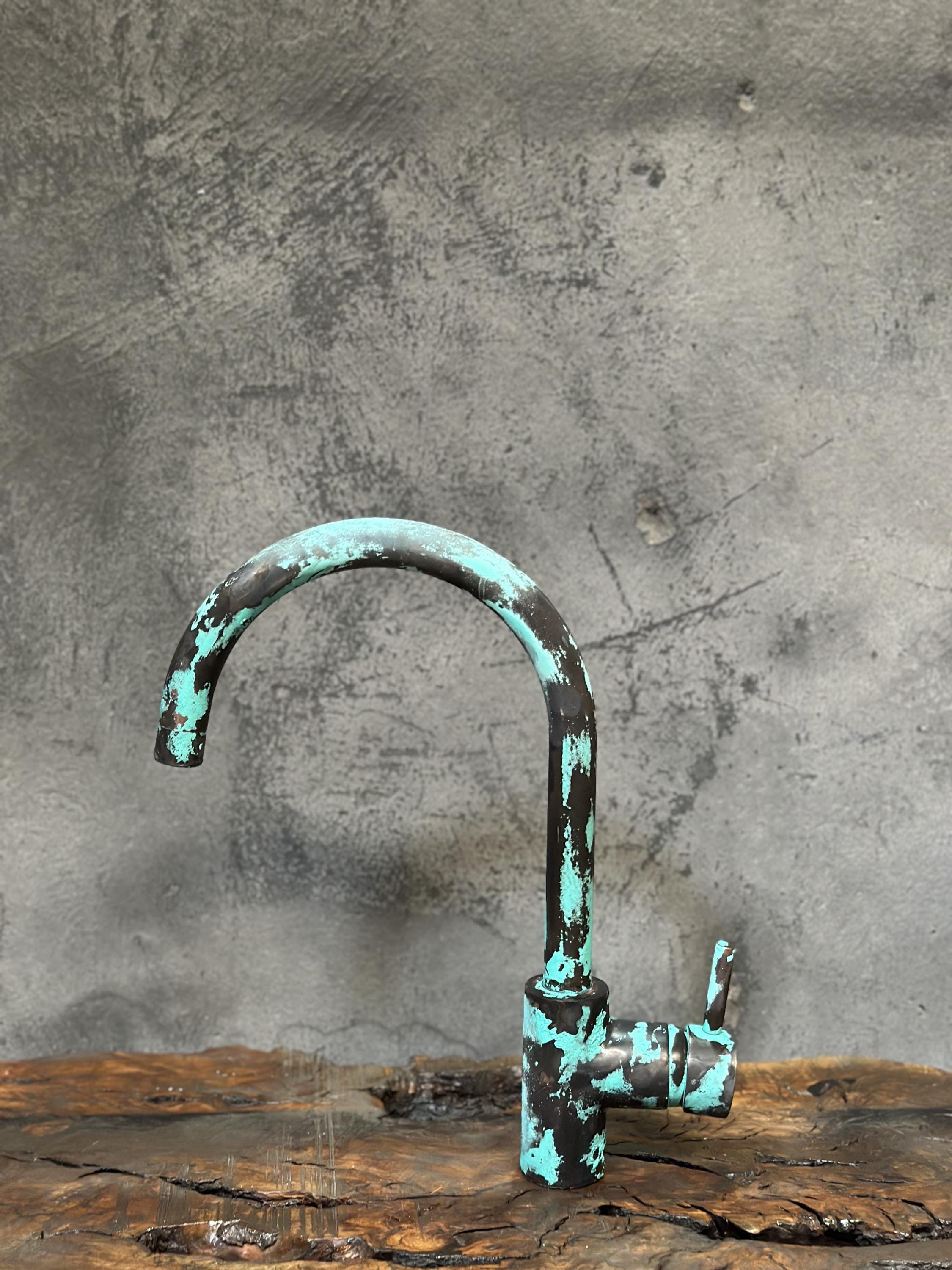 Oxidized Copper Mixer Bar Faucet, SIngle Handle Green Patina Faucet Bar Sink