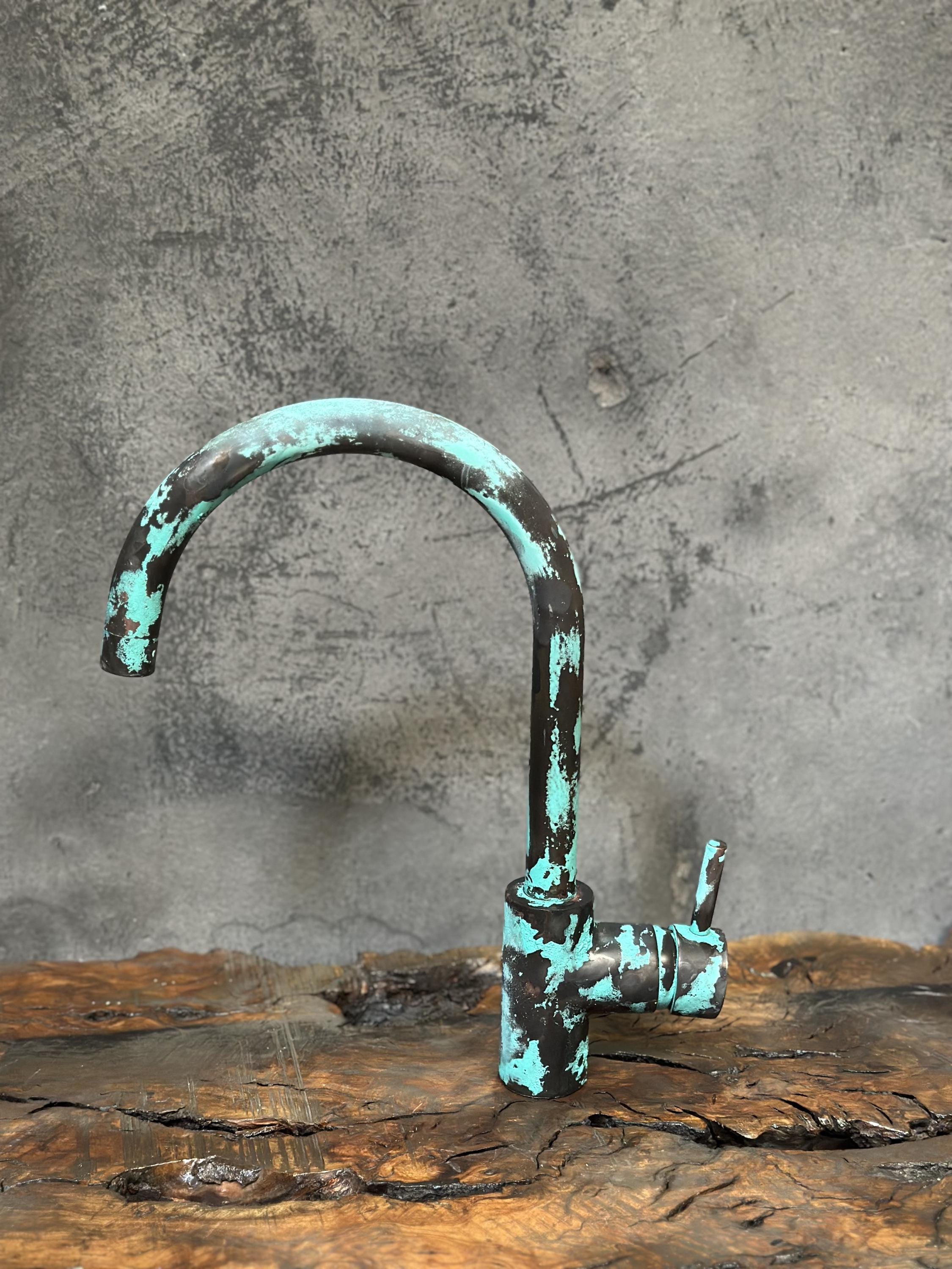 Oxidized Copper Mixer Bar Faucet, SIngle Handle Green Patina Faucet Bar Sink