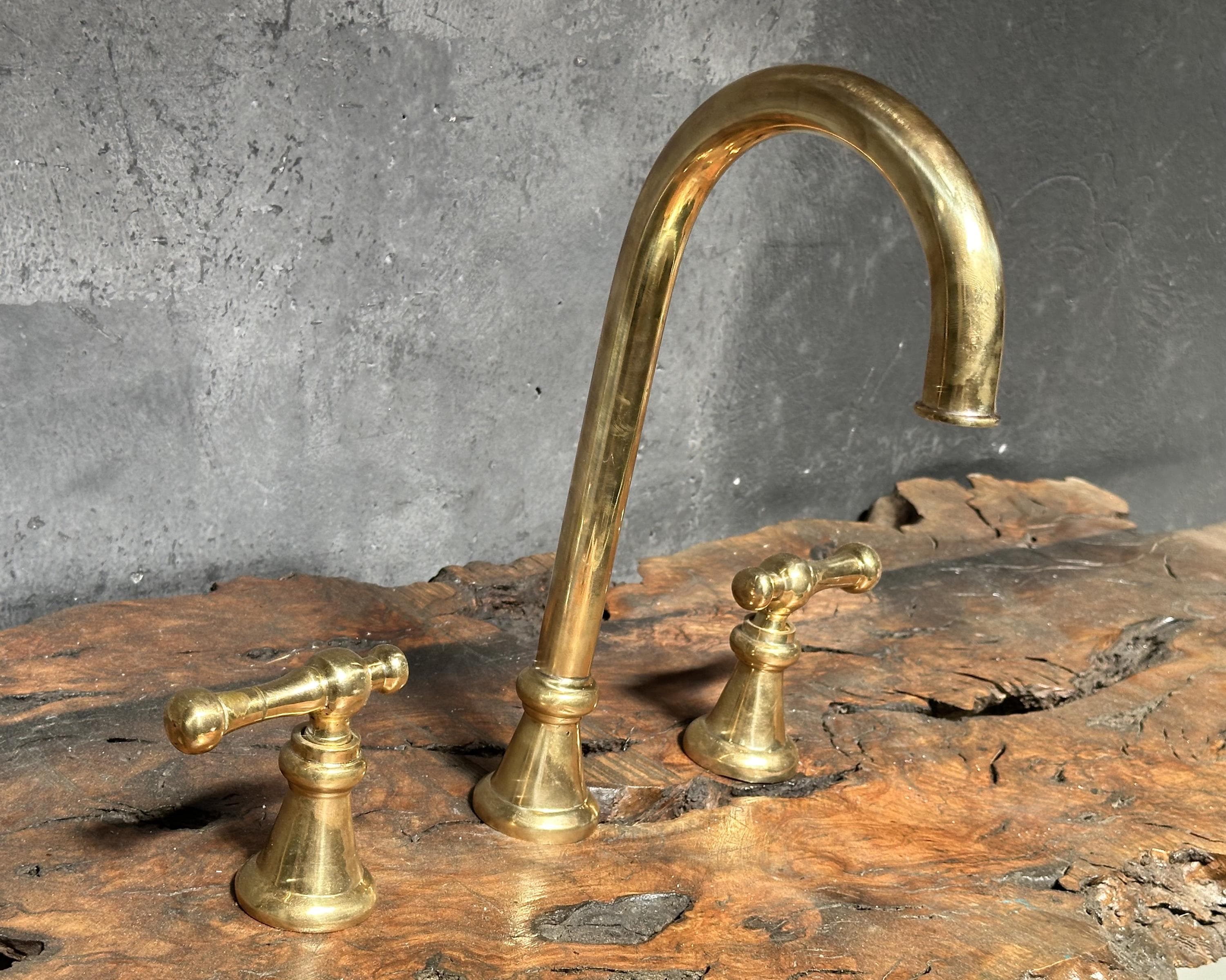 3 Hole Unlacquered Brass Bathroom Faucet, Widespread Brass Bathroom Faucet, Victorian Bathroom Sink Faucet