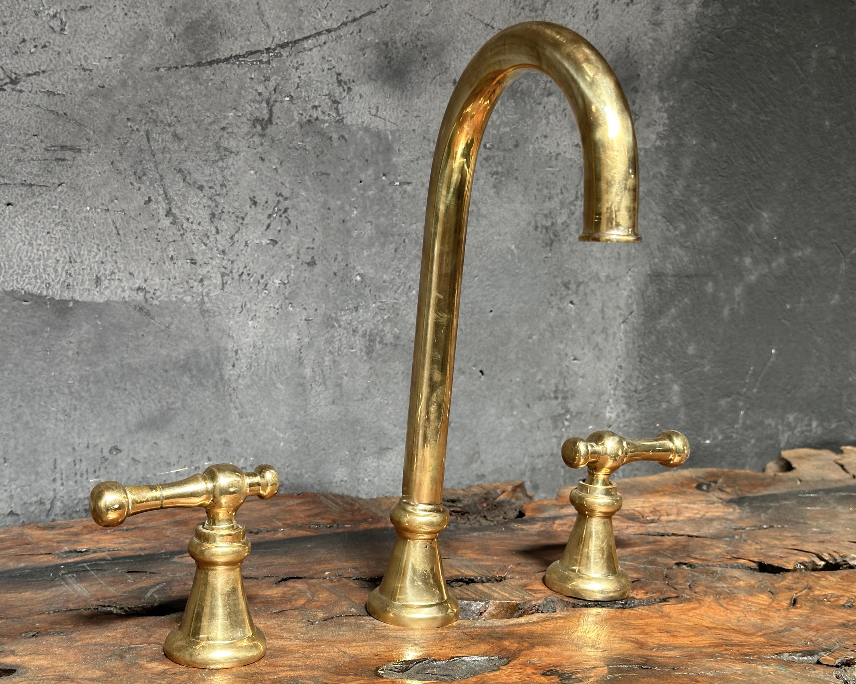 3 Hole Unlacquered Brass Bathroom Faucet, Widespread Brass Bathroom Faucet, Victorian Bathroom Sink Faucet