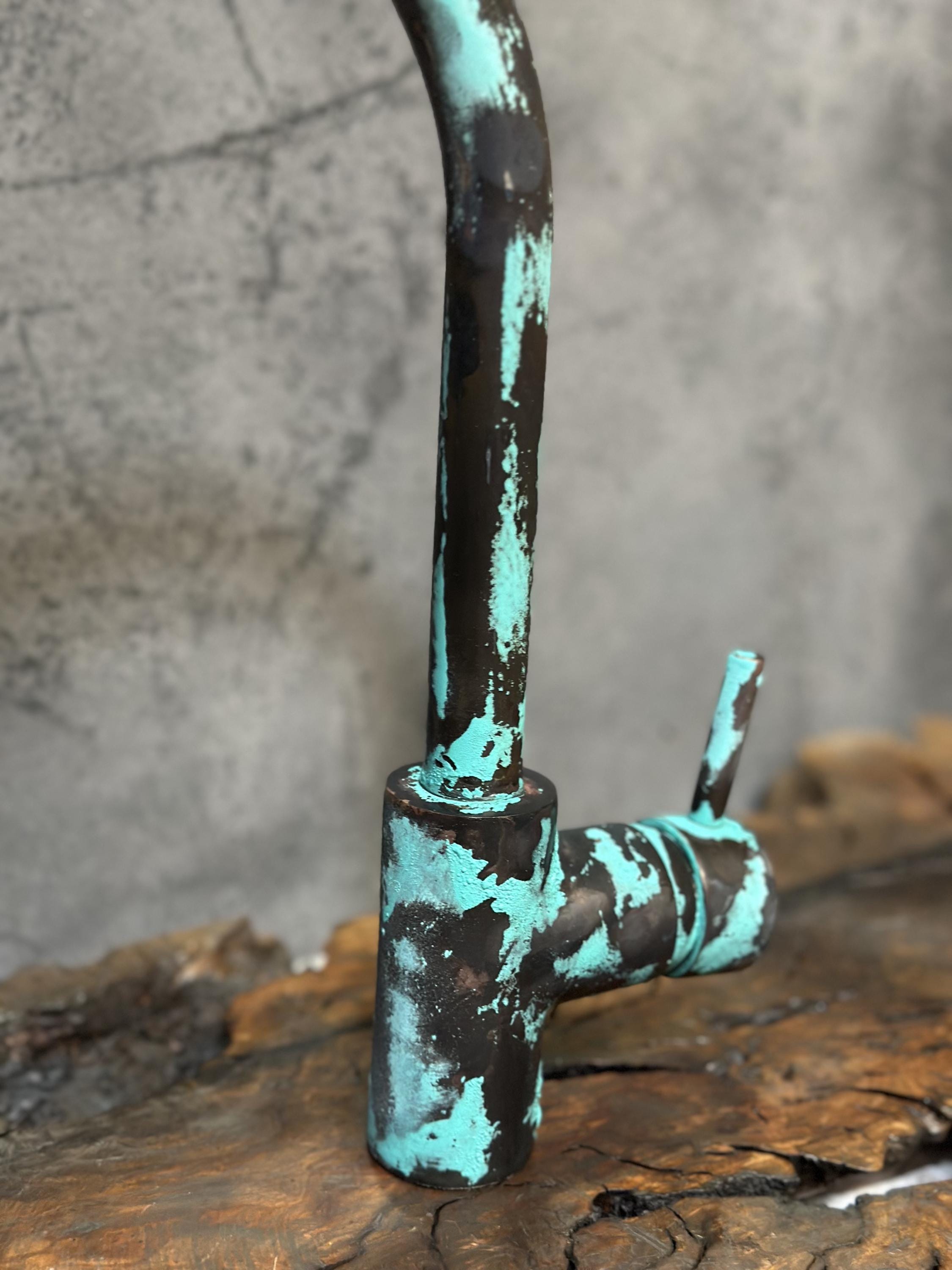 Oxidized Copper Mixer Bar Faucet, SIngle Handle Green Patina Faucet Bar Sink