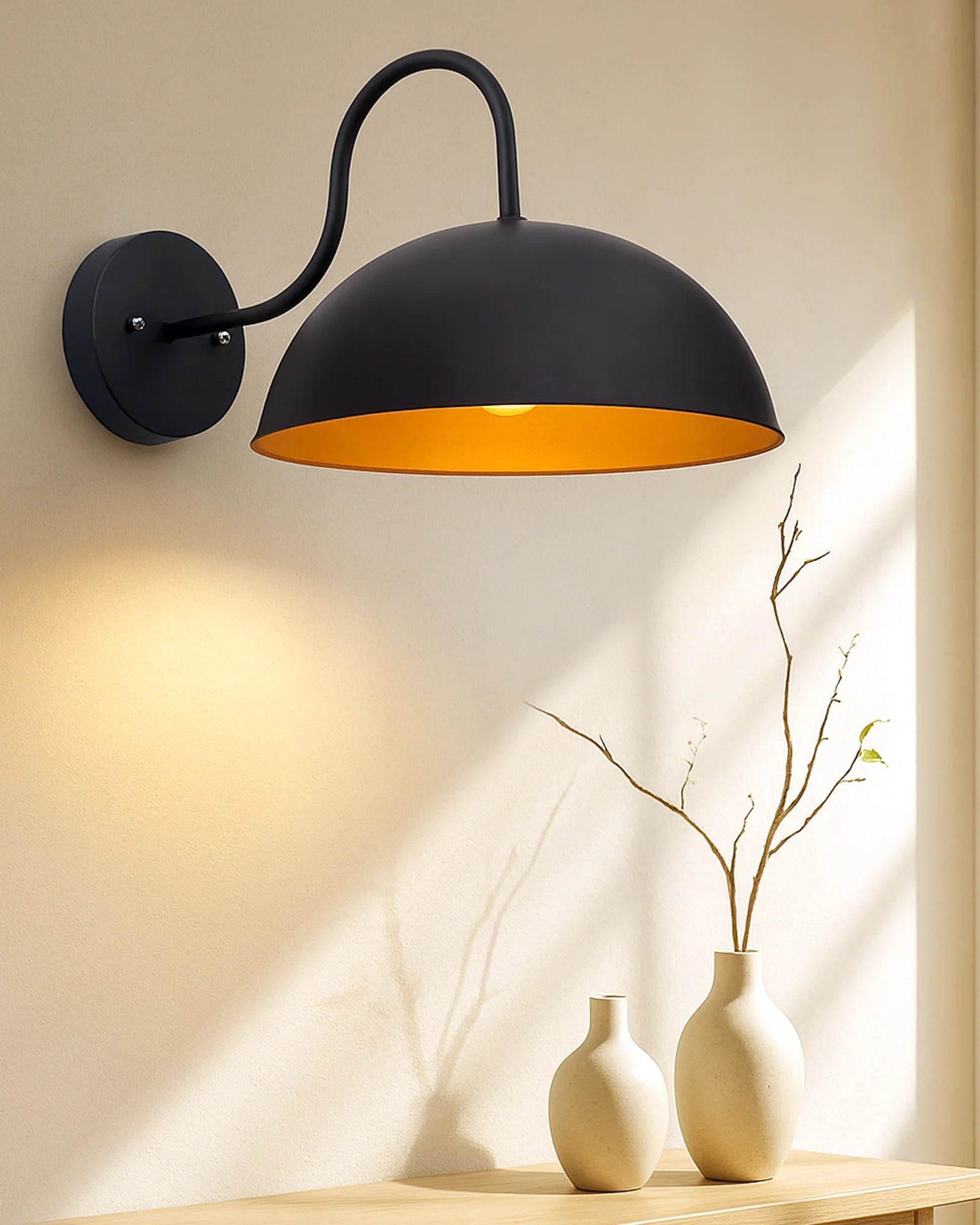 Custom 11.8" Black & Copper Dome Pendant on 20" Gooseneck Arm – Handcrafted Wall Mounted Light